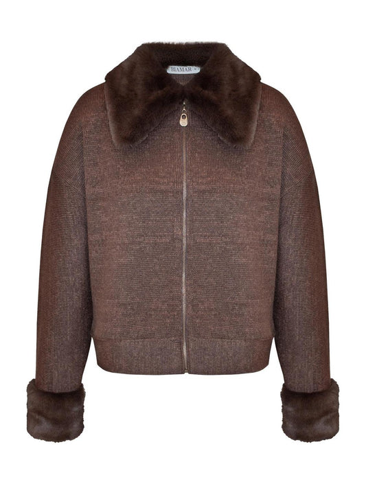 Casaco com fechamento em zíper e gola em pele fake Biamar